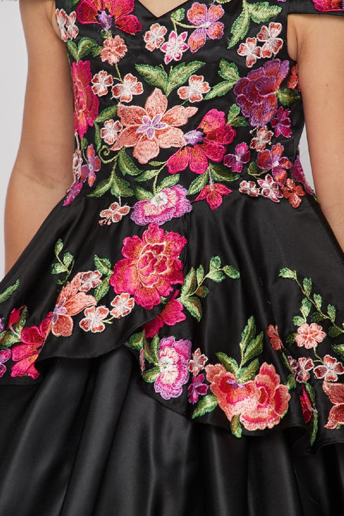 Cinderella Couture Big Girls Black Floral Embroidery Ball Gown 8-16 - SophiasStyle.com